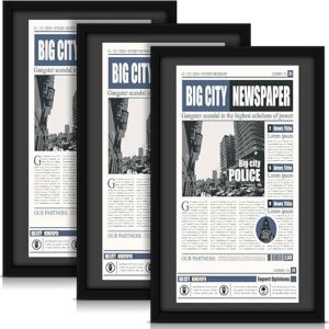 3 Pcs 11×22 in Newspaper Frame with Mat Assorted Media Article Cover Frame with Hanging Hardware 14×24 in Newspaper Display Poster Frame fo…