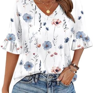 Zeagoo Womens Tops Casual V Neck Shirts Floral Solid Blouse Ruffle Tunics 3/4 Sleeve Tshirt S-XXL