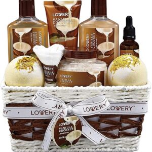 Bath and Body Gift Basket For Women and Men – 9 Piece Set of Vanilla Coconut Home Spa Set, Includes Fragrant Lotions, Extra Large Bath Bomb…