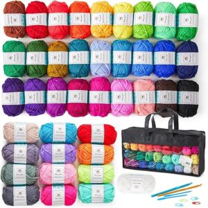 48 PCS Crochet Yarn Kit, 1400 Yards 40 Colors Acrylic Yarn Skeins, 2 Crochet Hooks, 2 Weaving Needles, 4 Stitch Markers, 1 Bag, for Crochet…