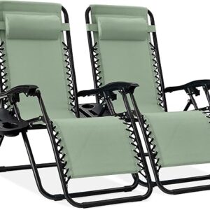 Best Choice Products Set of 2 Adjustable Steel Mesh Zero Gravity Lounge Chair Recliners w/Pillows and Cup Holder Trays – Sage Green
