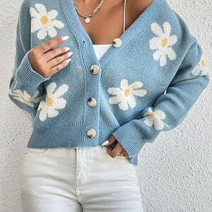 Winter Fashion Cardigan Ladies Floral Pattern Drop Shoulder Cardigan Comfortable Novelty Leisure Special Fashionabl (Color : Blue, Size : S…