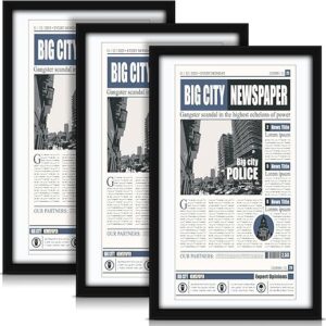 3 Pcs 11×22 in Newspaper Frame With Mat – Assorted Media Article Cover With Hanging Hardware – 14×24 in Display Poster for Wall Decoration …