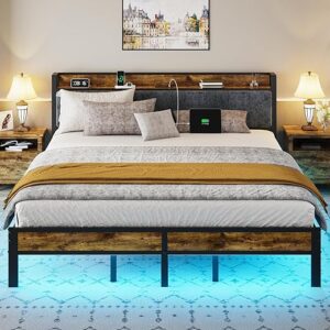King Size Bed Frame with Smart LED Lights, Storage Headboard with USB Charging Station, Metal Platform Bed Noise Free, Easy Assembly, No Bo…