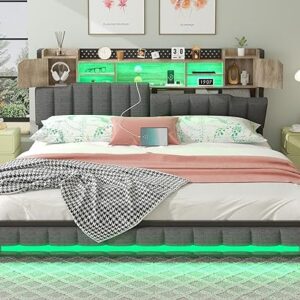 King Size Bed Frame and Bookcase Storage Headboard, LED Upholstered Platform Bed Frame with USB Charging Station, Heavy Duty Metal Slats, N…
