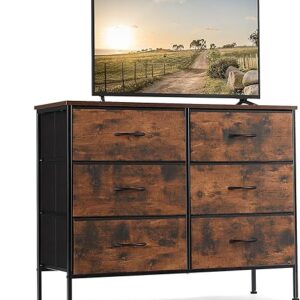 Sweetcrispy Dresser for Bedroom, TV Stand for 45 Inch TV, 6-Drawer Fabric Storage Cabinet with Open Shelves, Console Table, Entertainment C…