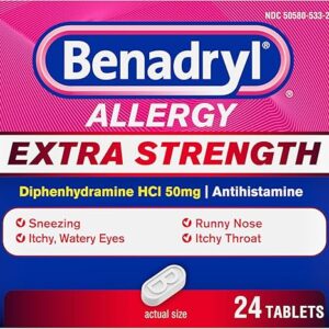 Benadryl Extra Strength Allergy Relief Medicine, 50 mg Diphenhydramine HCl Antihistamine Tablets for Relief of Allergy Symptoms Due to Hay …