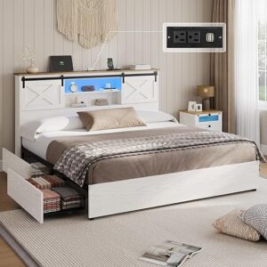 Hasuit Farmhouse Bed Frame California King Size with 4 Storage Drawers, Wooden Platform Cal King Beds with Charging Station and LED Lights,…