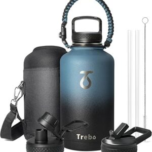 Trebo Water Bottle 64oz with Paracord Handle, Half Gallon Large Vacuum Double Wall Stainless Steel Insulated Water Jug with Holder Strap St…