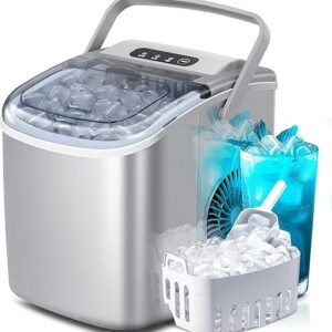 Portable Countertop Ice Maker Machine with Handle, 9 Bullet-Shaped Ice Cubes Ready in 6 Mins, 26Lbs/24H, Self-Cleaning Function with Ice Sc…