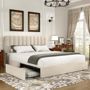 VECELO Queen Size Upholstered Bed Frame with 4 Drawers and Headboard, Velvet Platform Storage Bedframe, Wooden Slats Support, No Box Spring…