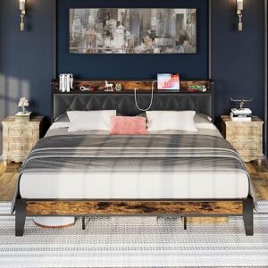 ANCTOR California King Bed Frames, Storage Headboard with Outlets, Easy to Install, Sturdy and Stable, No Noise, No Box Springs Needed – Pe…