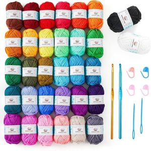 Crochet Yarn Kit for Beginners, 1440 Yards 32 Colors Acrylic Yarn Skeins, 2 Crochet Hooks, 2 Weaving Needles, 4 Stitch Markers, 1 Bag, for …