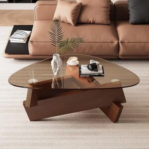 Triangle Glass Coffee Table Brown Rustic Glass Top Coffee Table Retro Modern Living Room Center Table with Solid Wood Legs, 35.5” x 27.5”…