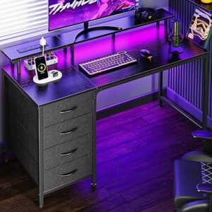 Huuger 47 Inch Computer Desk with Power Outlets and LED Lights, Gaming Desk with 4 Drawers, Office Desk with Monitor Stand, Study Desk Work…
