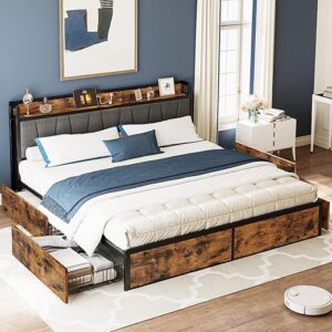 LIKIMIO California King Bed Frame with 4 Storage Drawers, Platform Bed with Charged Headboard, Sturdy and Stable, No Noise, No Box Spring N…