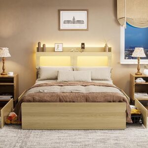 PAKASEPT Queen Bed Frame with Natural Rattan Headboard and Wooden 4 Storage Drawers, Metal Platform Boho Bed Frame, Built in Charging Stati…