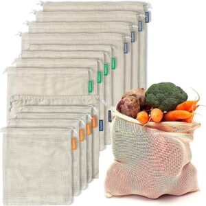 12+1 Reusable Produce Bags Grocery Washable, Organic Cotton Mesh Produce Bags, Double-Stitched & Tare Weigh, Mesh bags for vegetables, Cott…