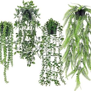 Der Rose 4 Pack Fake Hanging Plants Artificial Decor Faux Potted Greenery Hanging Plants Indoor for Room Home Shelf Outdoor Decor