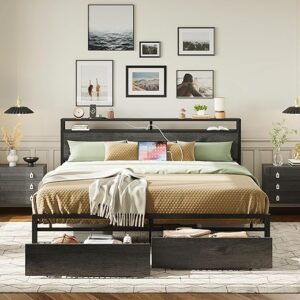 LIKIMIO California King Bed Frame with Storage Headboard, Platform Bed with Drawers and Charging Station, No Box Spring Needed, Easy Assemb…