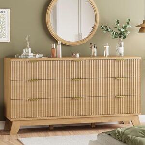 Fluted Dresser for Bedroom with 9 Drawers, 57″ Wide Modern Chest of Drawers with Metal Handle, Wooden Dresser TV Stand, Wood Closet Clothes…