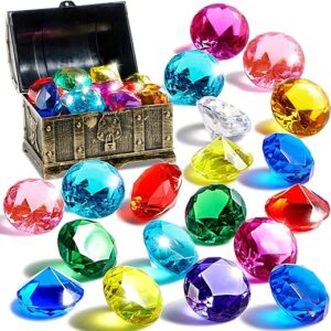 Sloosh Diving Gems Pool Toys, 16 Big Colorful Diamond with Pirate Treasure Chest,Swim Dive Toy for Kids Underwater Gemstone Swimming Traini…