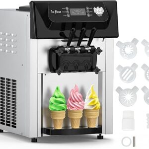 PioneerWorks Commercial Ice Cream Maker,2200W, 5.3 to 7.4 Gal/Hour, 3 Flavors Commercial Soft Ice Cream Machine with LED Display, Perfect f…