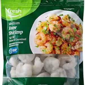 Amazon Fresh Brand, Raw Medium Peeled & Deveined Tail Off Shrimp Frozen, Responsibly Sourced, Phosphate Free, 1 Lb, (41-50 Count/Pound)