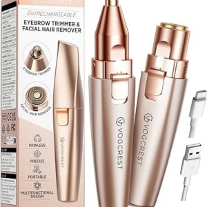 Eyebrow & Facial Trimmer: 2 in1 Rechargeable Facial Hair Removal & Eyebrow Shaver – Body Razor with Built-in LED Light (Rose Gold)