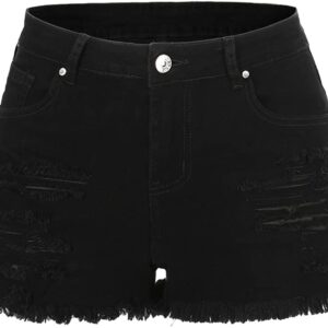 THUNDER STAR Women Mid Rise Ripped Stretchy Jeans Shorts Frayed Raw Hem Casual Denim Shorts