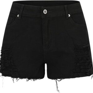 THUNDER STAR Ripped Jean Shorts for Women Mid Rise Frayed Raw Hem Stretchy Denim Shorts