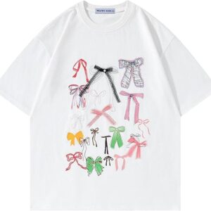 Aelfric Eden Bow Shirt for Women Oversized Graphic Tees Y2K Cute Print Short Sleeve T-Shirt Casual Summer Cotton Top