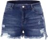 THUNDER STAR Women Mid Rise Ripped Stretchy Jeans Shorts Frayed Raw Hem Casual Denim Shorts