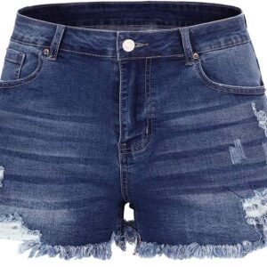 THUNDER STAR Women Mid Rise Ripped Stretchy Jeans Shorts Frayed Raw Hem Casual Denim Shorts